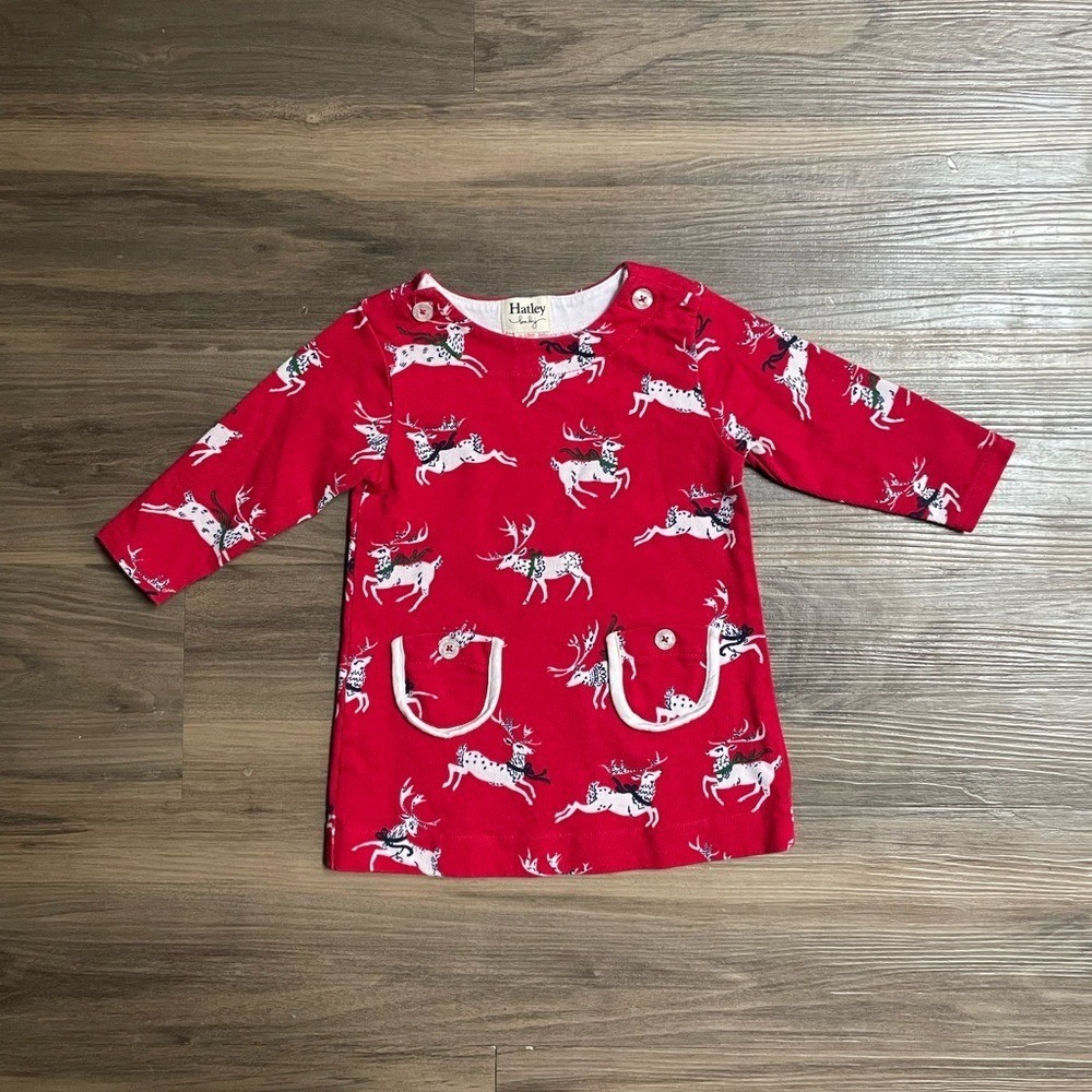 Hatley Baby Dress 9-12m Red Reindeer Print Long Sleeve Cotton Holiday Christmas